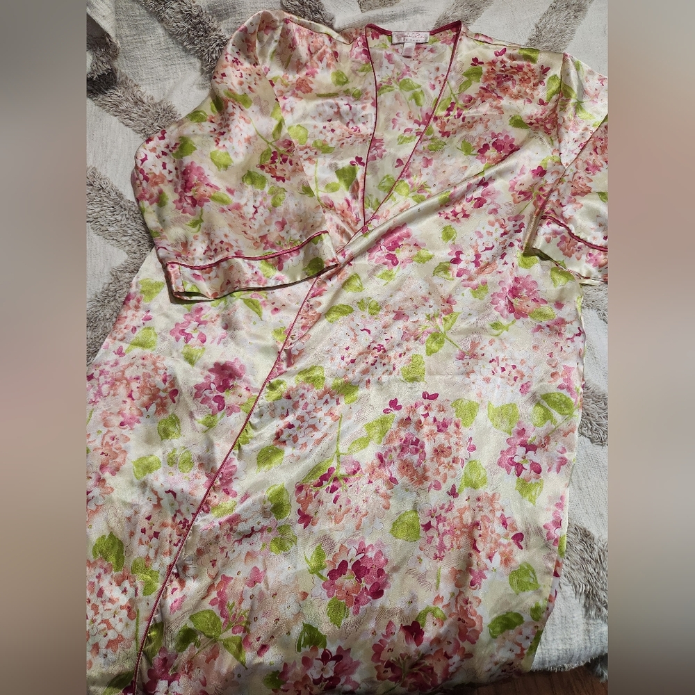 Oscar De La Renta Pink Label Sz XL Pink & Green Floral Long Satin Robe - Picture 2 of 5